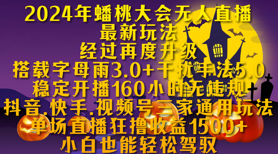 2024年蟠桃大会无人直播最新玩法，经过再度升级搭载字母雨3.0+干扰手法5.0,稳定开播160小时无违规，抖音、快手、视频号三家通用玩法，单场直播狂撸收益1500，小自也能轻松驾驭-翌晨科技网