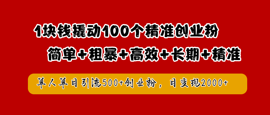 1块钱撬动100个精准创业粉，简单粗暴高效长期精准，单人单日引流500+创业粉，日变现2000+-翌晨科技网
