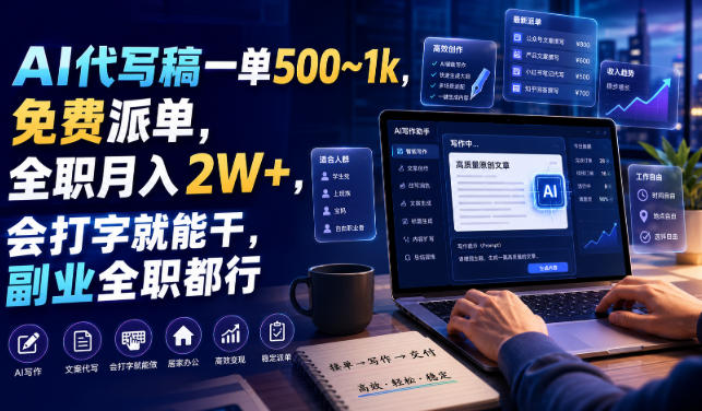 AI代写稿一单500~1k，免费派单，全职月入2W+，会打字就能干，副业全职都行【揭秘】-翌晨科技网