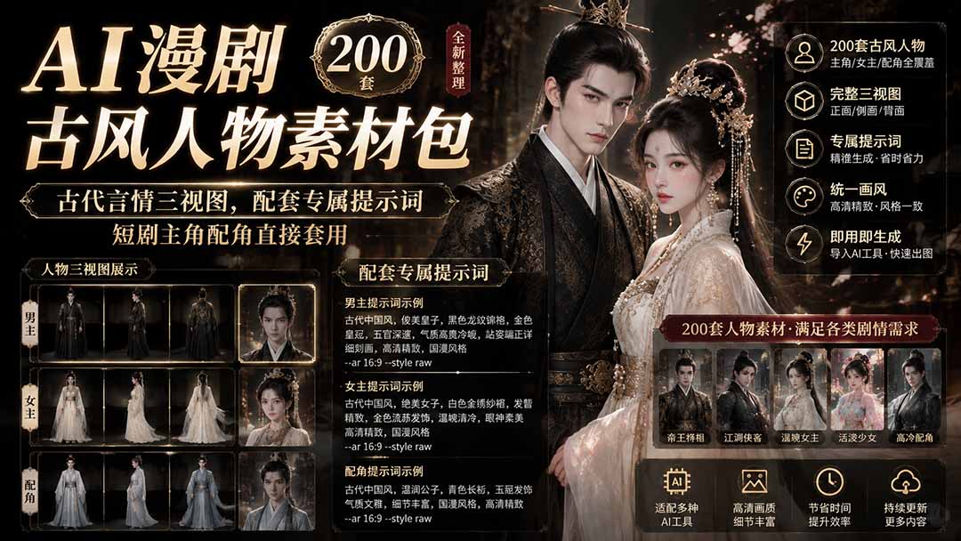 （19693期）AI漫剧古风人物素材包+提示词｜200 套古代言情三视图，配套专属提示词短剧主角配角直接套用-翌晨科技网