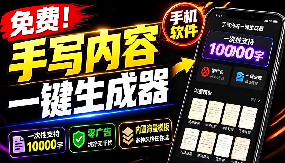 （18667期）超逼真手写字体一键生成器，纯免费离线运行，一次性支持10000字，零广告，内置海量模板-翌晨科技网
