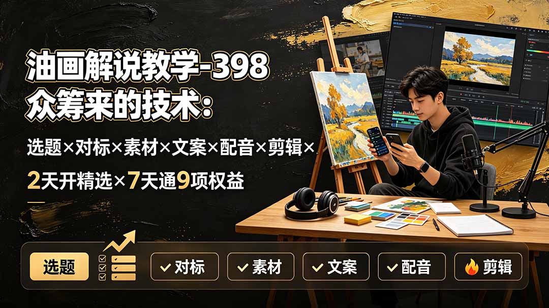 （19587期）油画解说教学-398众筹来的技术-刯新：选题×对标×素材×文案×配音×剪辑×2天开精选×7天通9项权益-翌晨科技网