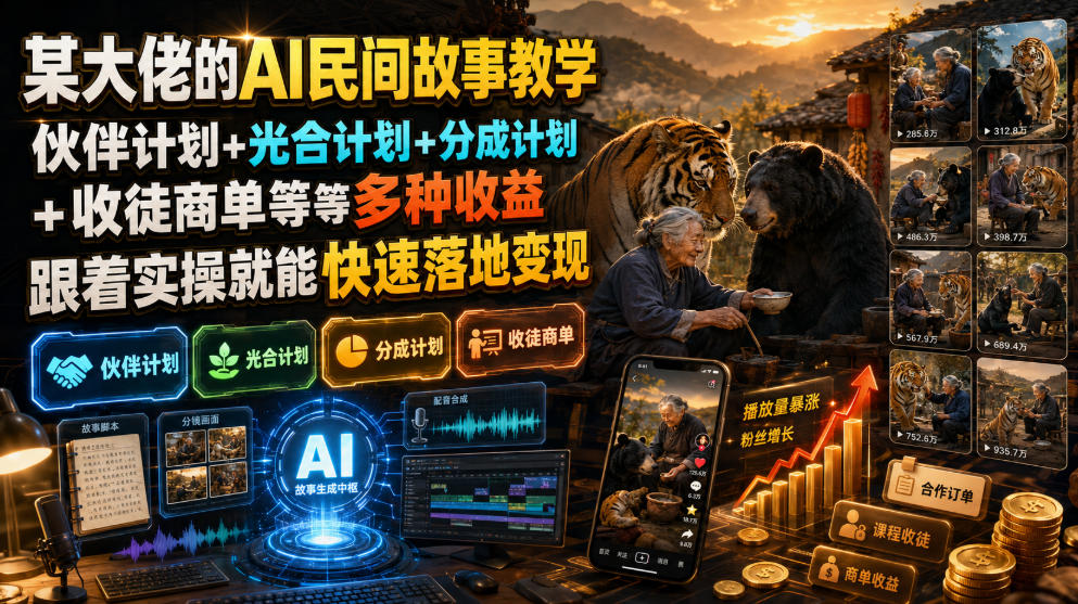 （19360期）某大佬的AI民间故事教学，伙伴计划+光合计划+分成计划+收徒商单等多种收益，跟着实操就能快速落地变现-翌晨科技网