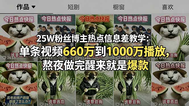 （18803期）25W粉丝博主热点信息差教学：单条视频660万到1000万播放，熬夜做完醒来就是爆款-翌晨科技网