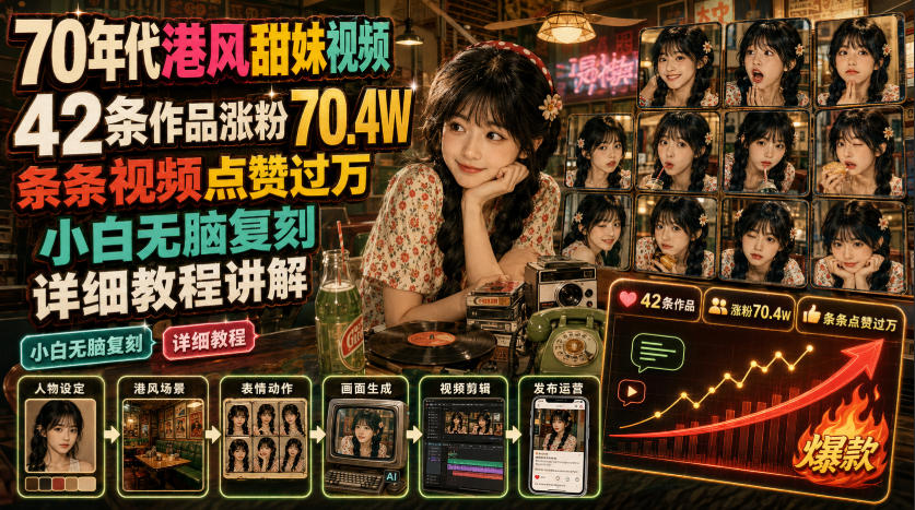 70年代港风甜妹视频，42条作品涨粉70.4W，条条视频点赞过万，小白无脑复刻，详细教程讲解-翌晨科技网