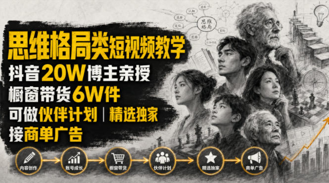 人性思维格局类短视频教学，抖音20W博主亲授，橱窗带货6W件，可做伙伴计划、精选独家、接商单广告-翌晨科技网