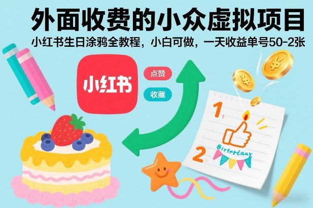 外面收费的小众虚拟项目，小红书生日涂鸦全教程，小白可做，一天收益单号50-2张-翌晨科技网
