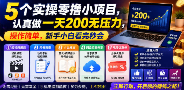 5个实操零撸小项目，认真做一天200无压力，操作简单，新手小白看完秒会【揭秘】-翌晨科技网