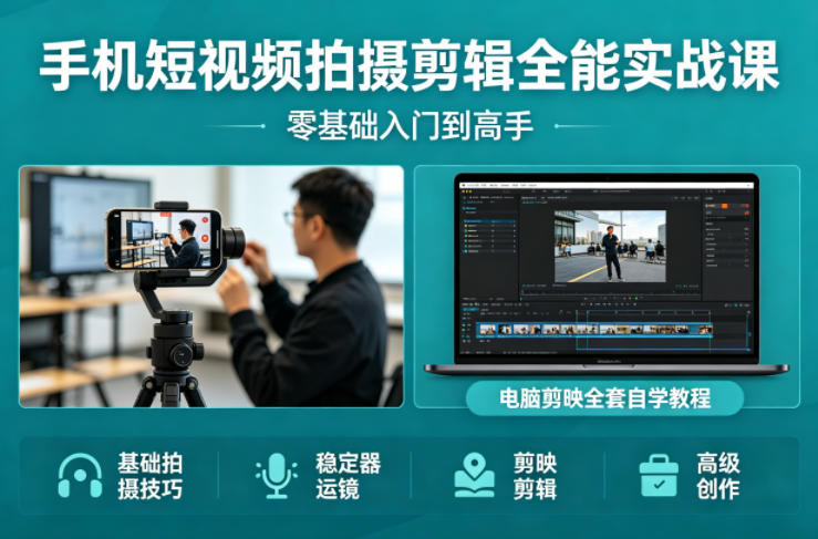 手机短视频拍摄剪辑全能实战课：零基础入门到高手，稳定器运镜+电脑剪映全套自学教程-翌晨科技网