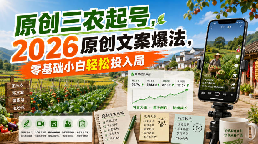 原创三农起号，2026原创文案爆法，零基础小白轻松投入局-翌晨科技网