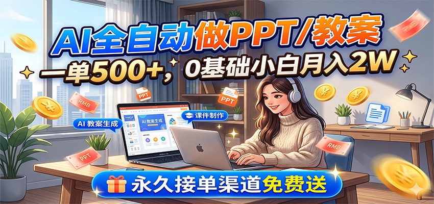 AI全自动做PPT/教案，一单500+，0基础小白月入2W，永久接单渠道免费送-翌晨科技网