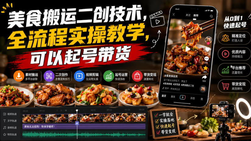 美食搬运二创技术，全流程实操教学，可以起号带货-翌晨科技网