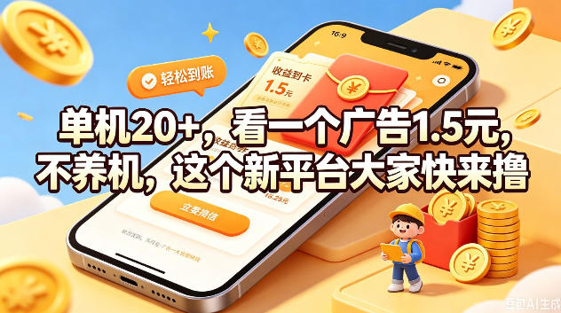 单机20+，看一个广告1.5米，不养机，这个新平台大家快来撸【揭秘】-翌晨科技网